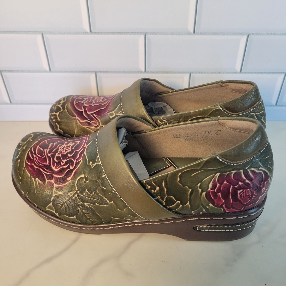 Spring Step L'Artiste Clogs Olive Green Floral Leather Shoes EU 37 US 6.5-7